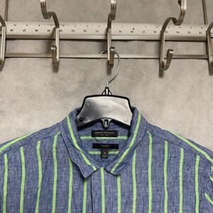 Banana Republic Shirt Men‎ M Blue Striped Linen Button Up Slim Loop Collar Camp